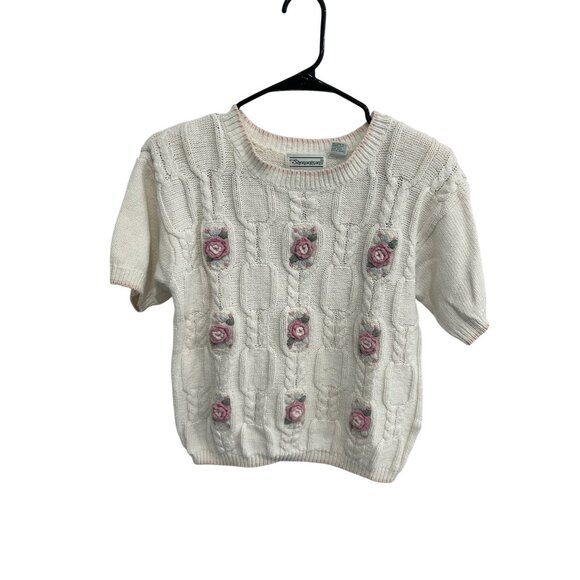 Vintage Shenanigans Floral Embroidered Cable Knit Sweater White Pink Sz Small - Picture 1 of 10